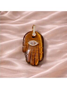Hamsa Fatima Hand Tiger Eye Natural Stone Pendant Charm